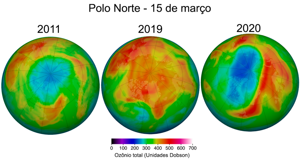 Imagens do polo norte nos dois anos de buraco e em 2019, para comparação. Nota-se que todas são de 15 de março de seus respectivos anos — quase primavera para o hemisfério norte e pior momento para o ozônio. Fonte: Ozone Watch, Nasa.